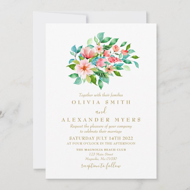 Invitación de boda floral tropical y dorada (Anverso)