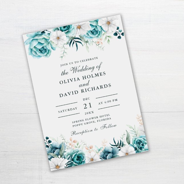 Invitación de Boda Floral Turquesa | Botánica (Teal and Off-White Floral Wedding Invitation on gray table)