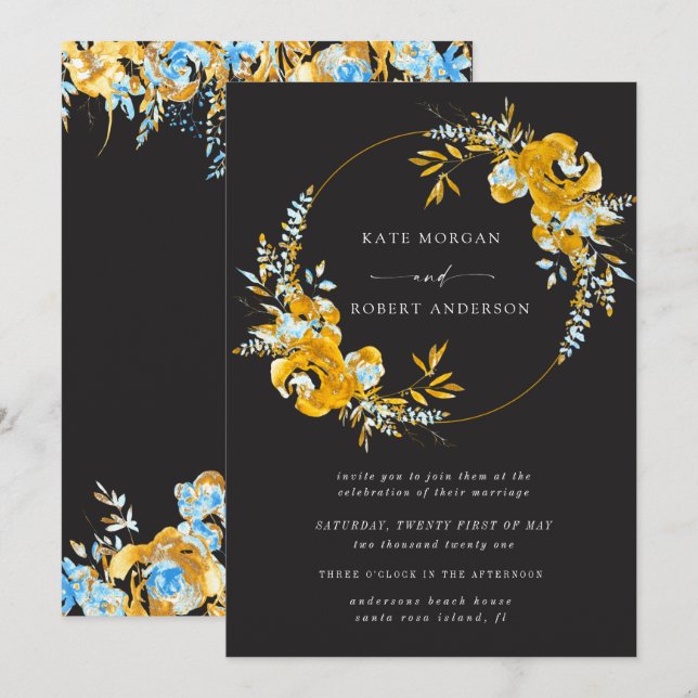 invitación de boda floral turquesa de oro de lujo (Anverso / Reverso)