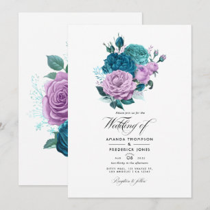 Invitación de boda floral turquesa y lavanda