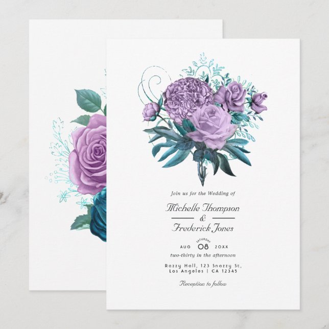 Invitación de boda floral turquesa y lavanda (Anverso / Reverso)