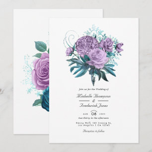 Invitación de boda floral turquesa y lavanda