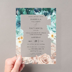 Invitación de boda floral turquesa y rosa rubor 2