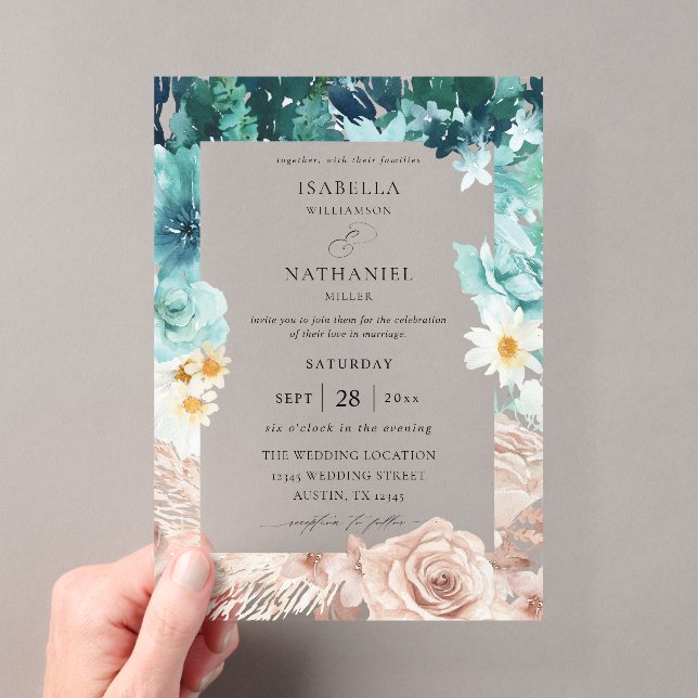 Invitación de boda floral turquesa y rosa rubor 2  (Insitu (portátil))