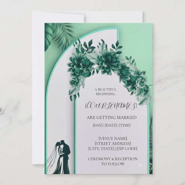 Invitación de boda floral verde (Anverso)