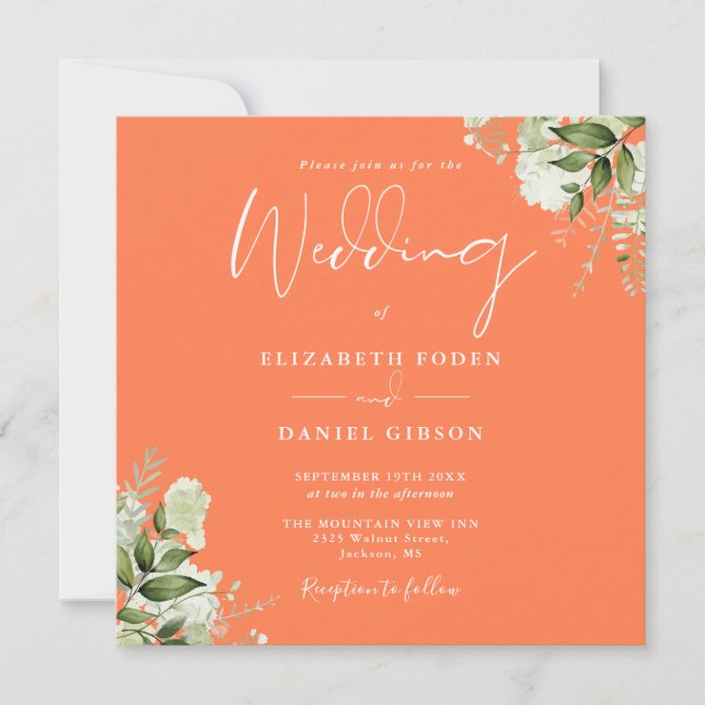 Invitación de boda floral verde coral cuadrado (Anverso)