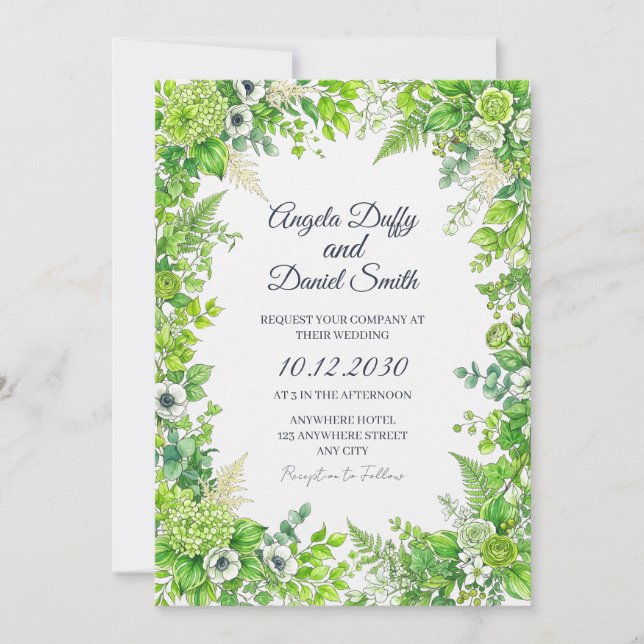 Invitación de boda floral verde fresca (Anverso)