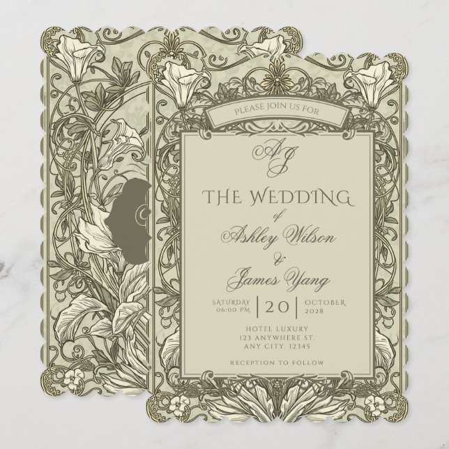 Invitación de boda floral verde marrón salvia (Anverso / Reverso)
