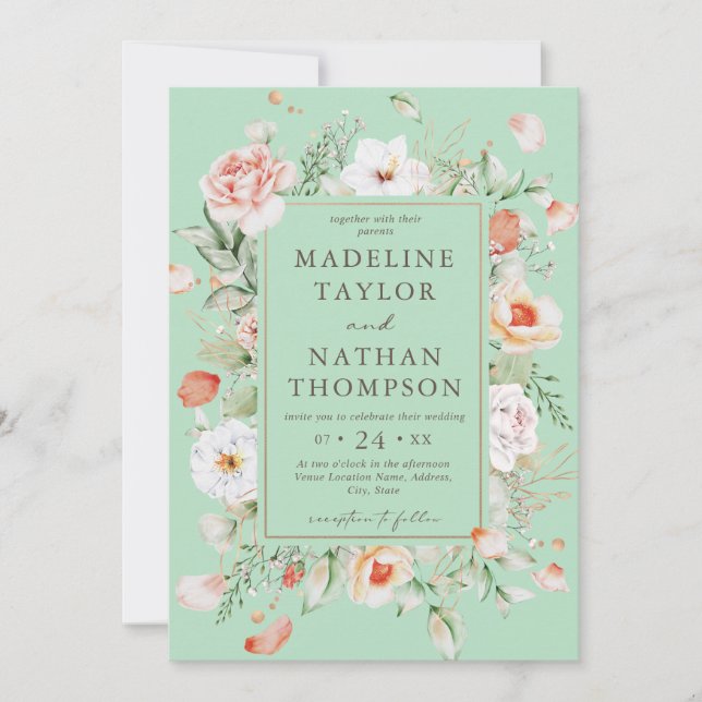 Invitación de Boda Floral Verde Menta y Melocotón (Anverso)