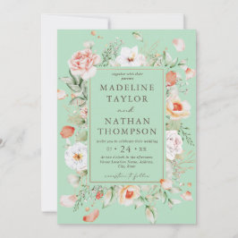Invitación de Boda Floral Verde Menta y Melocotón