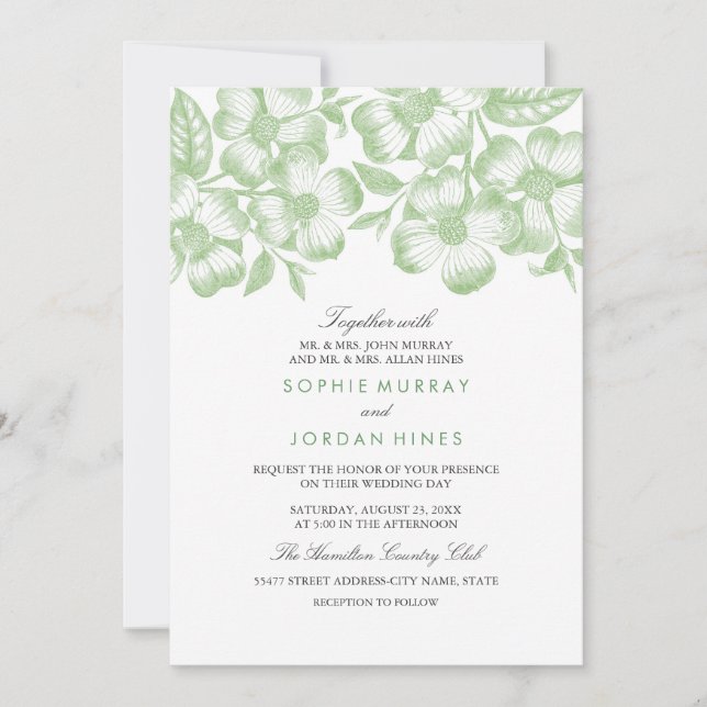 Invitación de boda floral verde moderna (Anverso)