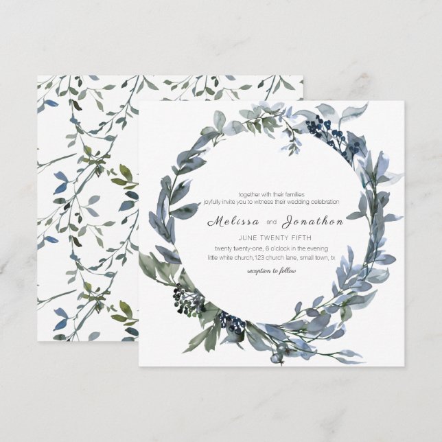 Invitación de boda floral verde plateada salvia (Anverso / Reverso)