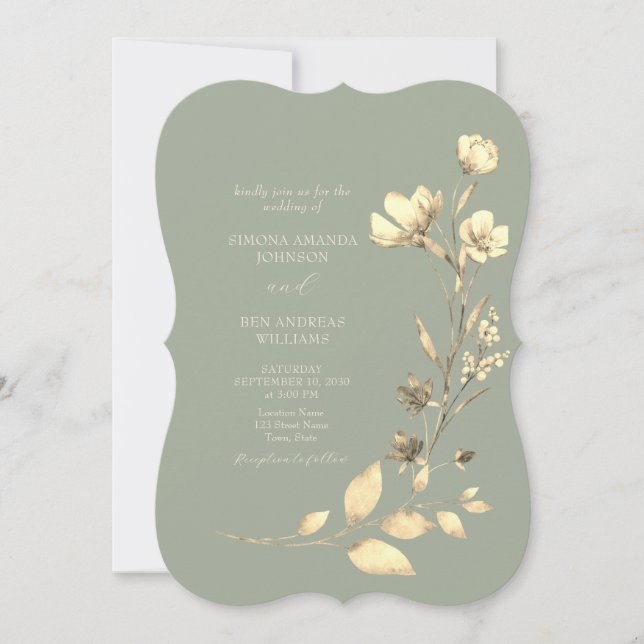 Invitación de boda floral verde sage boho (Anverso)