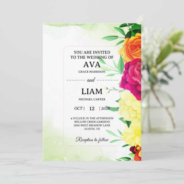Invitación de boda floral verde salvia (Anverso de pie)