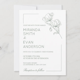 Invitación de boda floral verde salvia amapola