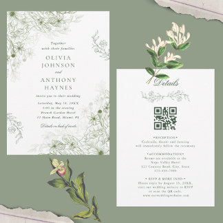 Invitación de boda floral verde salvia todo en uno