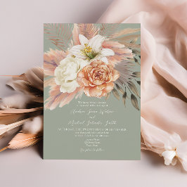 Invitación de boda floral verde salvia y melocotón