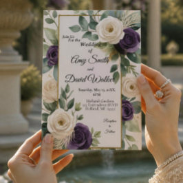 Invitación de boda floral verde salvia y púrpura