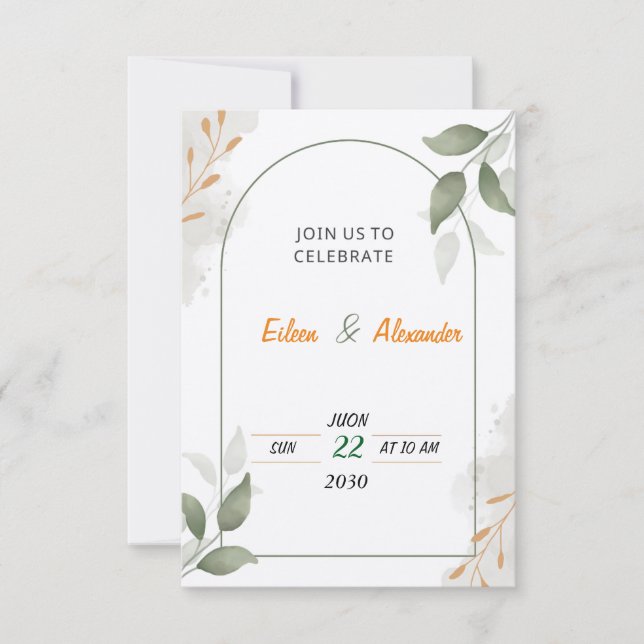 Invitación de boda floral verde y marrón (Anverso)