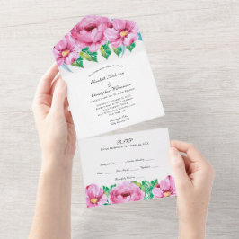 Invitación de boda floral verde y rosa todo en uno