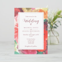 Invitación de boda floral vibrante roja y rosa