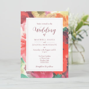 Invitación de boda floral vibrante roja y rosa