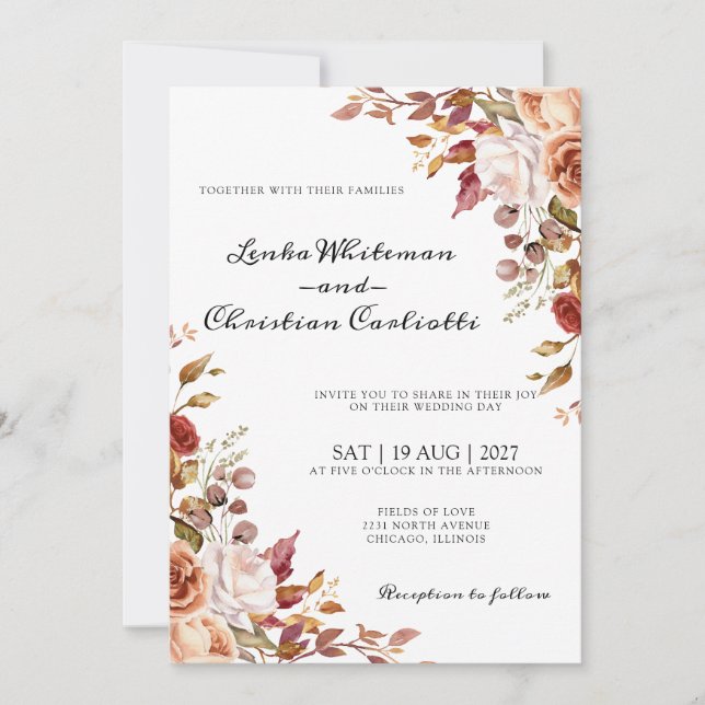 Invitación de boda floral vibrante terroso de otoñ (Anverso)