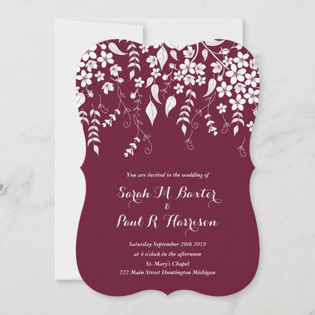 Invitación de boda floral vino burdeos (Anverso)