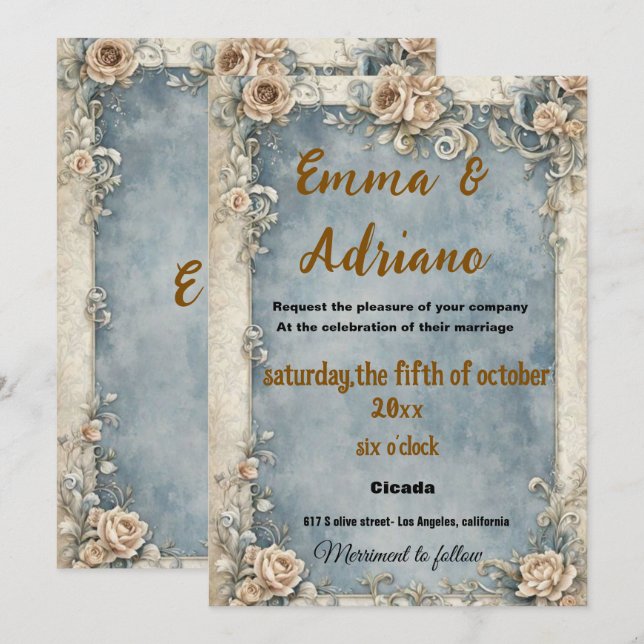 invitación de boda floral vintage (Anverso / Reverso)