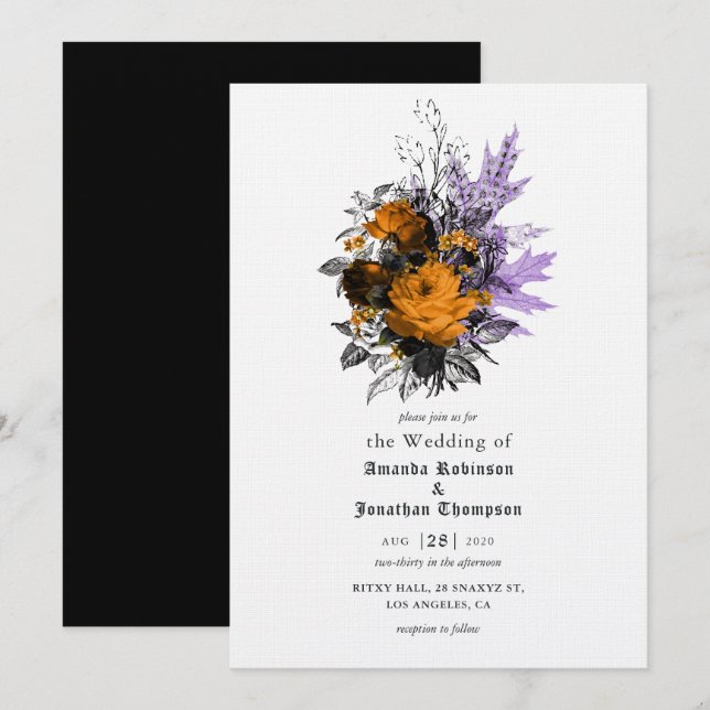 Invitación de boda floral vintage de Halloween (Anverso / Reverso)