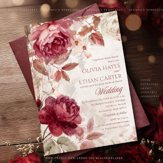 Invitación de boda floral vintage de rosas rojas B