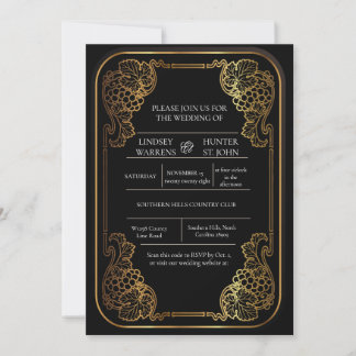 Invitación de boda floral vintage elegante de oro
