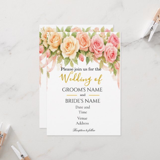 Invitación de boda floral vintage rosa (Anverso/Reverso In Situ)