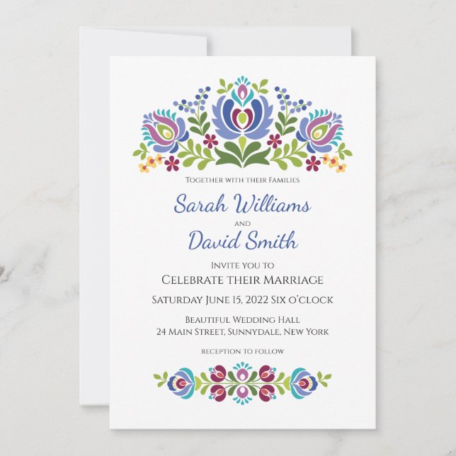 Invitación de boda floral violeta de diseño húngar (Anverso)