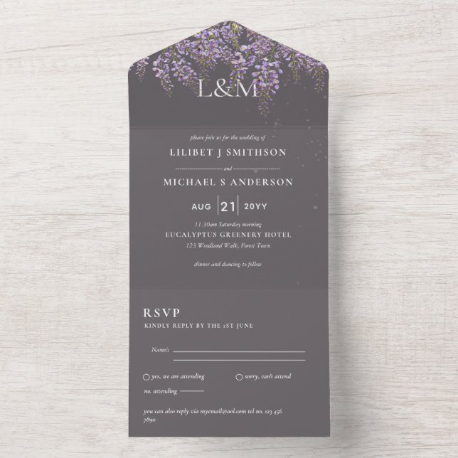 Invitación de boda floral Wisteria 3en1 con RSVP (Interior)