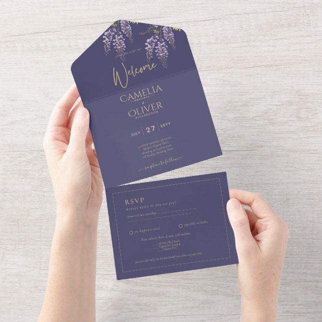 Invitación de boda floral WISTERIA con oro púrpura (desgarro)