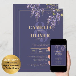 Invitación de boda floral WISTERIA con oro púrpura