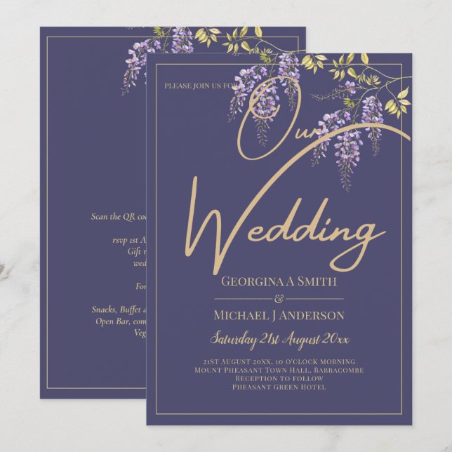 Invitación de boda floral WISTERIA con oro púrpura (Anverso / Reverso)
