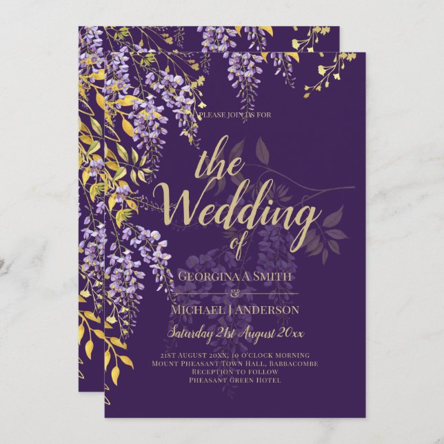 Invitación de boda floral WISTERIA de oro púrpura  (Anverso / Reverso)