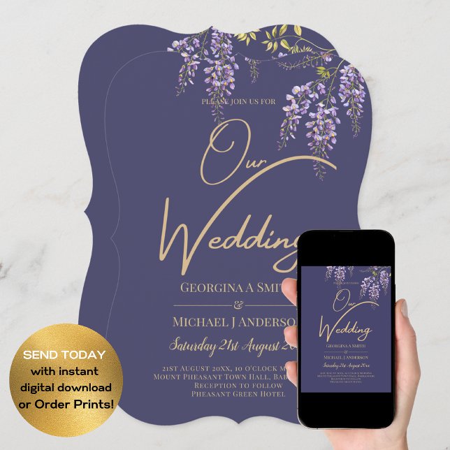 Invitación de boda floral WISTERIA de oro púrpura  (Subido por el creador)