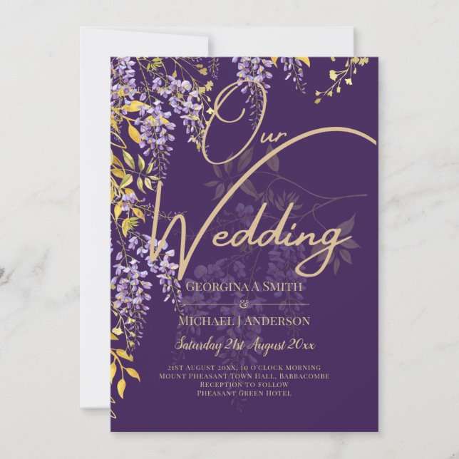 Invitación de boda floral WISTERIA púrpura dorada  (Anverso)