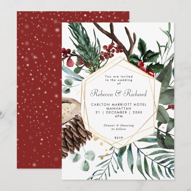 invitación de boda floral y geométrica en invierno (Anverso / Reverso)