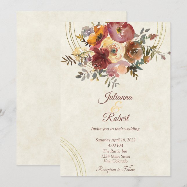 Invitación de boda floral y oro de otoño (Anverso / Reverso)