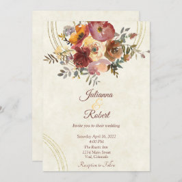 Invitación de boda floral y oro de otoño