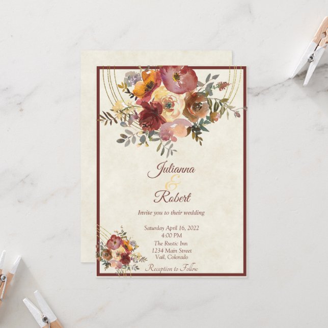 Invitación de boda floral y oro de otoño (Anverso/Reverso In Situ)