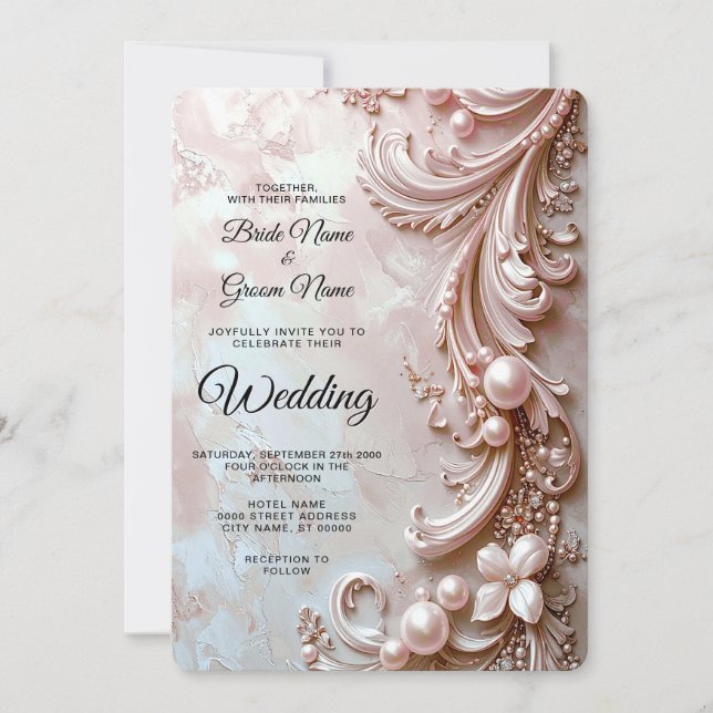 Invitación de boda floral y perla ornamentada rosa (Anverso)