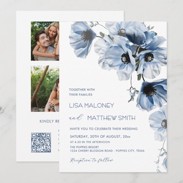 Invitación de boda Flores Azules | 3 Fotos (Anverso / Reverso)