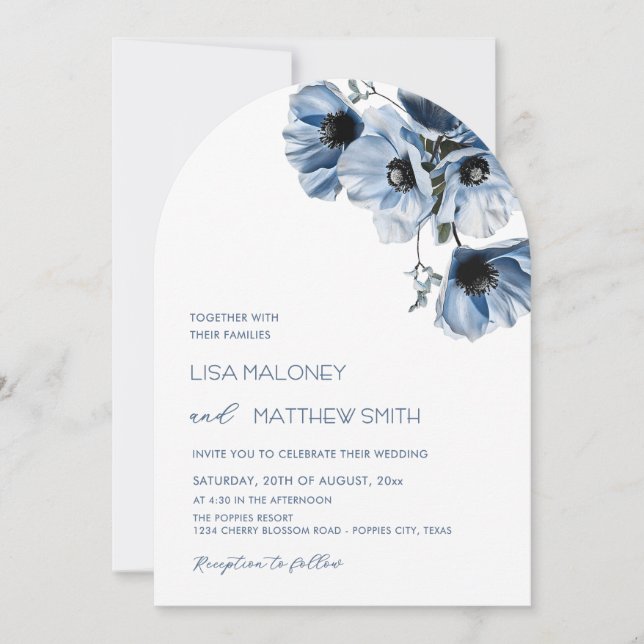Invitación de boda Flores Azules Blancas (Anverso)