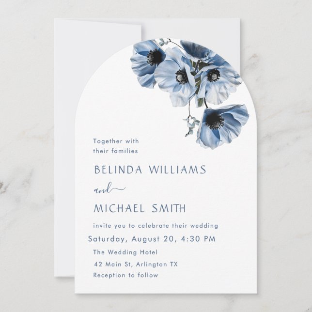 Invitación de boda Flores Azules Blancas (Anverso)