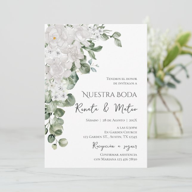 Invitación de Boda Flores Blanca y Verdes  (Anverso de pie)